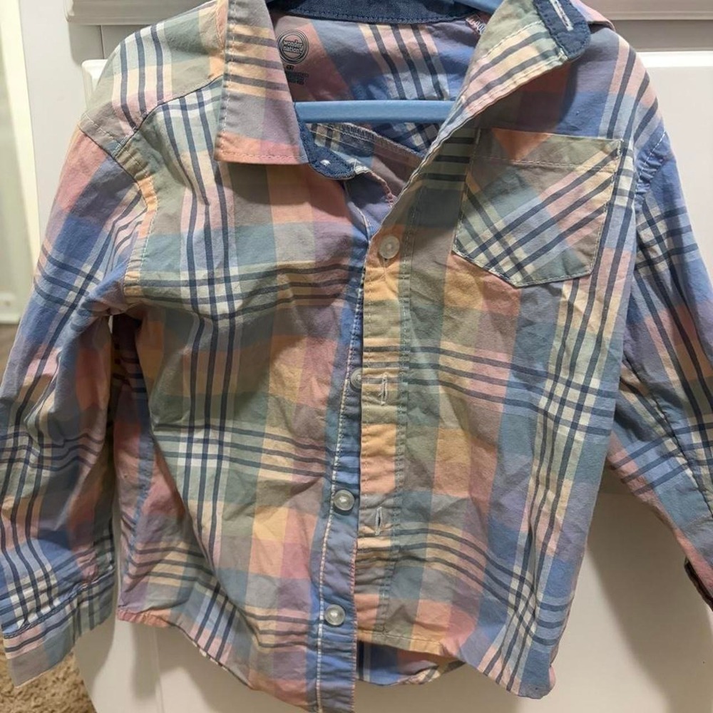 Wonder Nation Boys Blue Pink Beige Plaid Button Up Shirt 3T